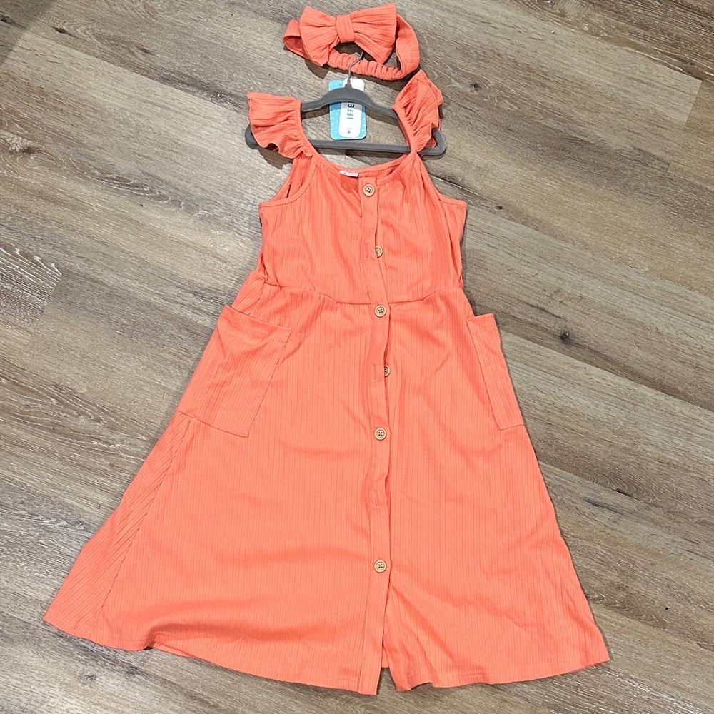 Coral Kids Dress with Bow hair band - button up 8-9 years